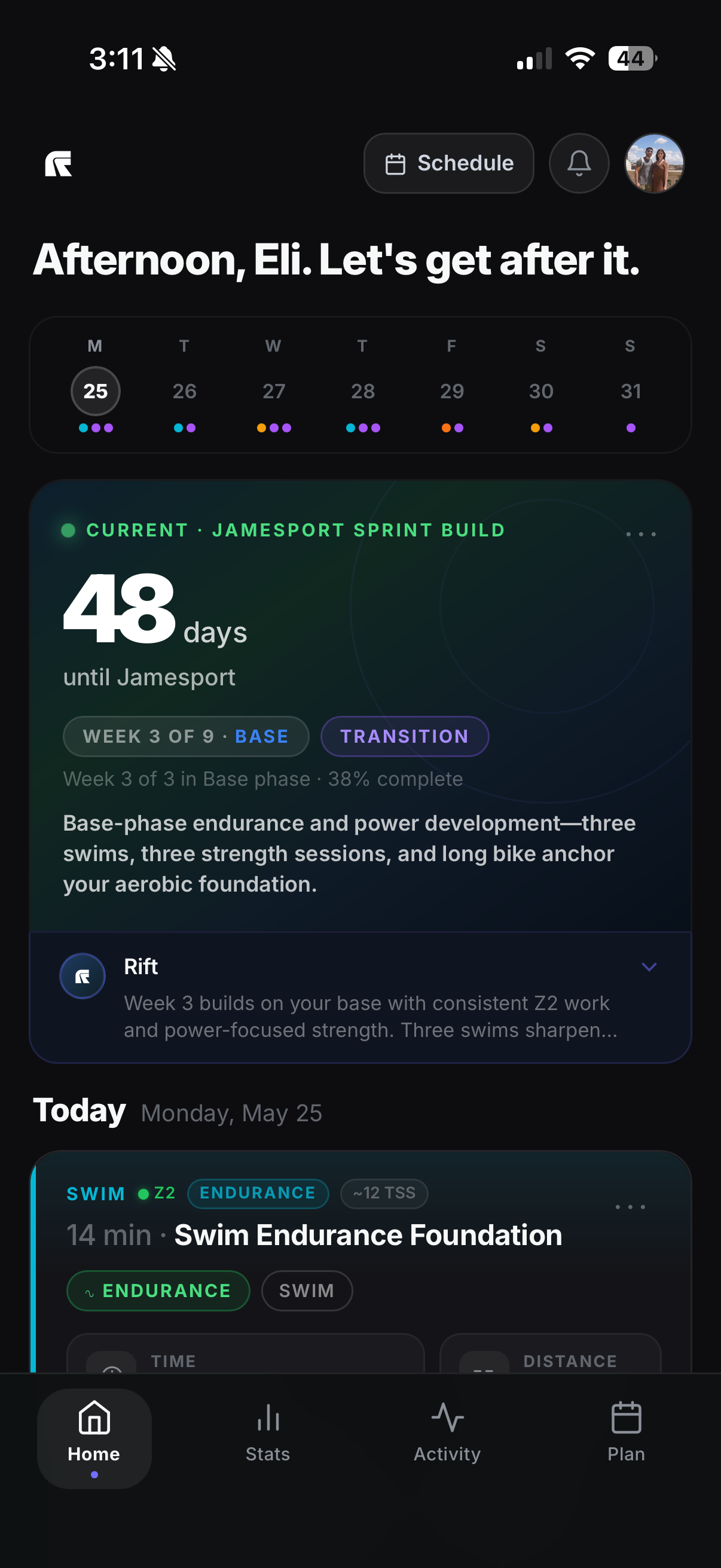 Rift iOS Today screen showing the day's swim session and Jamesport Sprint countdown